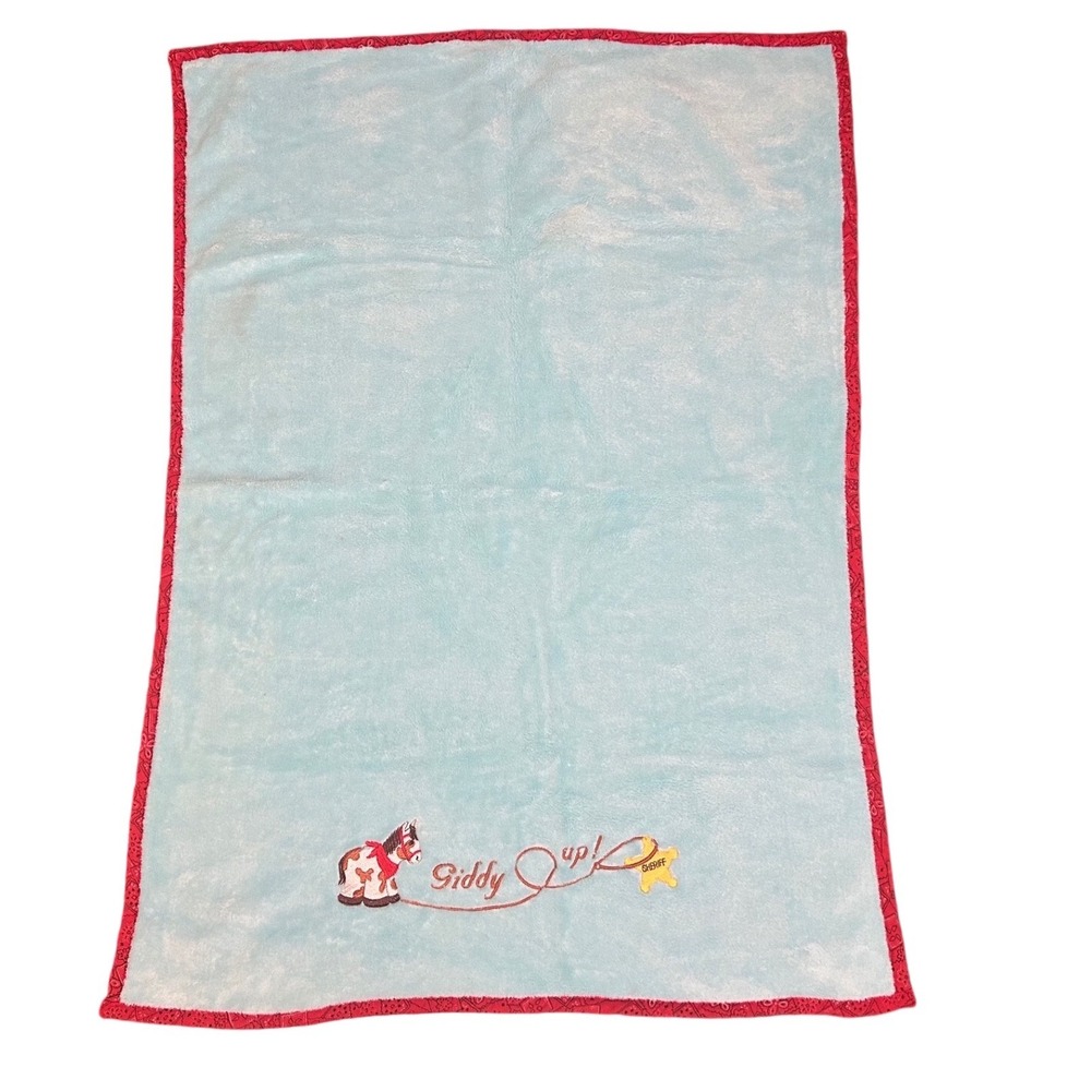 Unbranded Giddy Up Cowboy Horse Baby Blanket Blue Red Bandana Trim 26x35